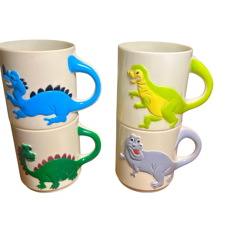 Vintage Dinosaur Plastic Cups Mugs Kids Set of 4 Cream 3D Relief Figure
Kidcore